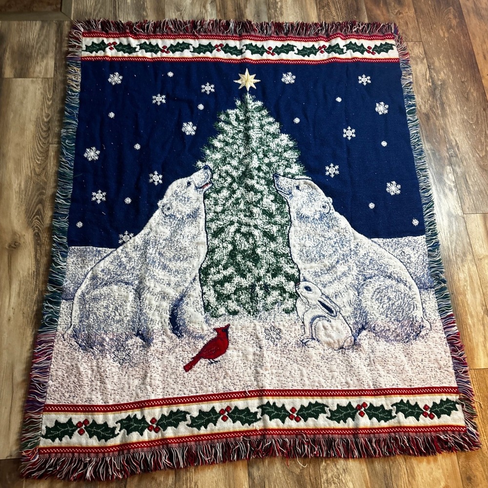 Christmas Polar Bears Tree Cardinal Rabbit Woven Tapestry Throw Blanket